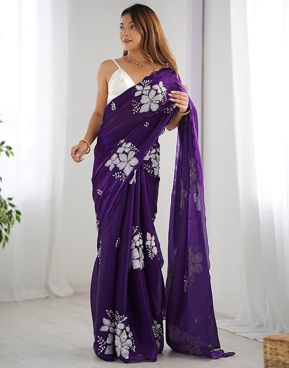 Women's Shimmer Chiffon Saree | Sequence Embroidery Saree With Unstitched Blouse Piece