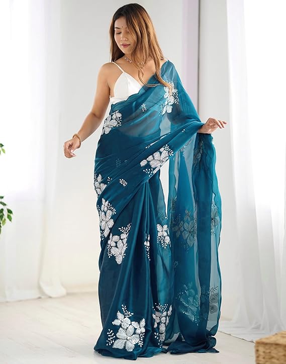 Women's Shimmer Chiffon Saree | Sequence Embroidery Saree With Unstitched Blouse Piece