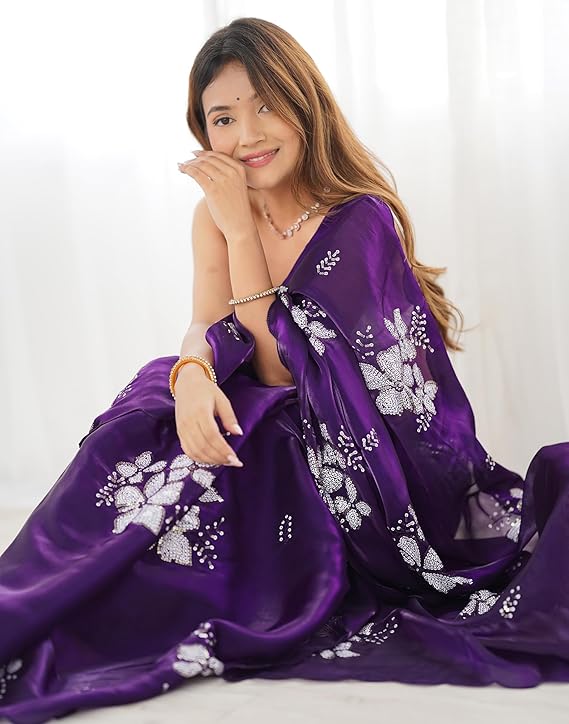 Women's Shimmer Chiffon Saree | Sequence Embroidery Saree With Unstitched Blouse Piece