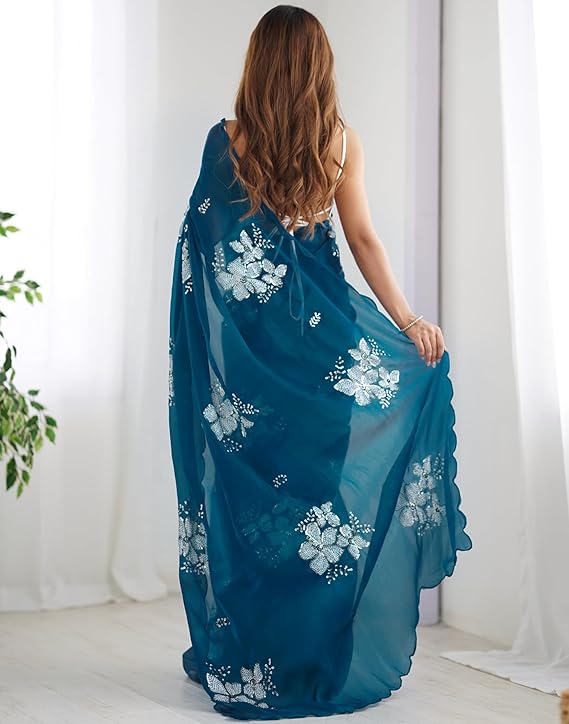 Women's Shimmer Chiffon Saree | Sequence Embroidery Saree With Unstitched Blouse Piece