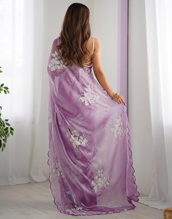 Women's Shimmer Chiffon Saree | Sequence Embroidery Saree With Unstitched Blouse Piece