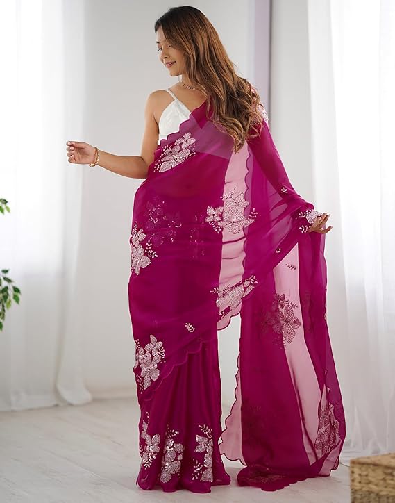 Women's Shimmer Chiffon Saree | Sequence Embroidery Saree With Unstitched Blouse Piece