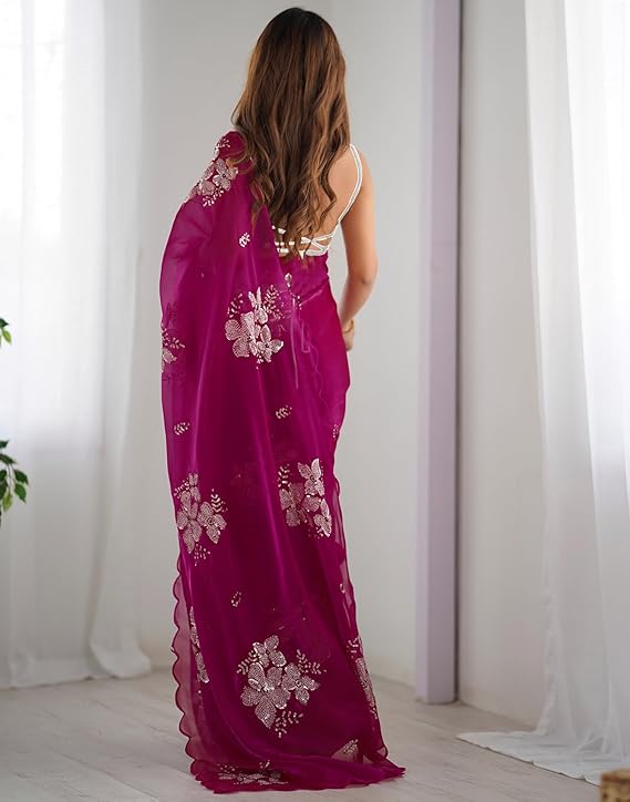 Women's Shimmer Chiffon Saree | Sequence Embroidery Saree With Unstitched Blouse Piece