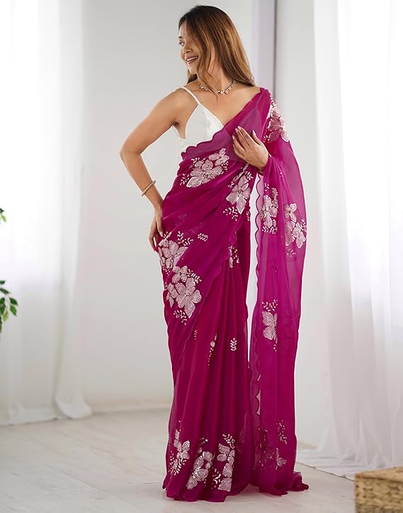 Women's Shimmer Chiffon Saree | Sequence Embroidery Saree With Unstitched Blouse Piece