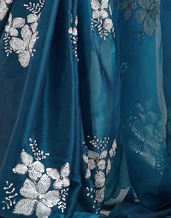 Women's Shimmer Chiffon Saree | Sequence Embroidery Saree With Unstitched Blouse Piece