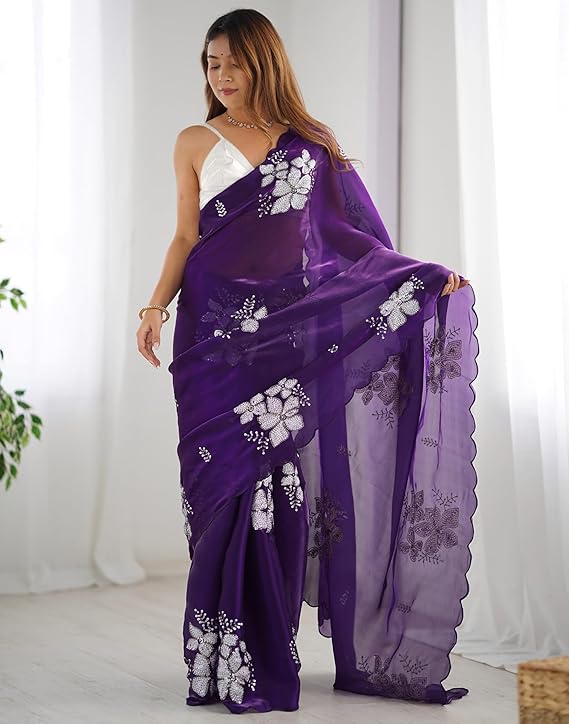 Women's Shimmer Chiffon Saree | Sequence Embroidery Saree With Unstitched Blouse Piece