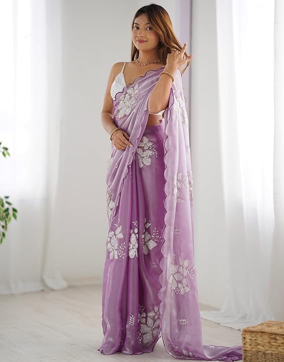 Women's Shimmer Chiffon Saree | Sequence Embroidery Saree With Unstitched Blouse Piece