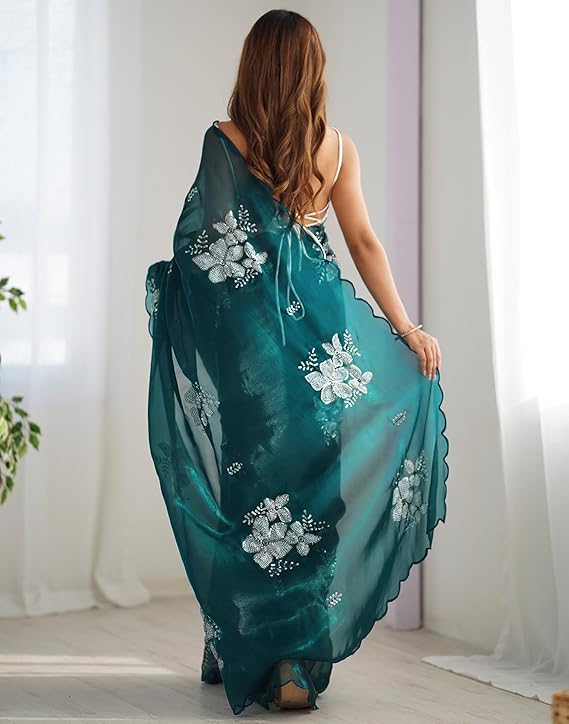 Women's Shimmer Chiffon Saree | Sequence Embroidery Saree With Unstitched Blouse Piece