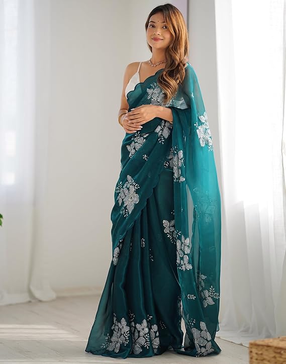 Women's Shimmer Chiffon Saree | Sequence Embroidery Saree With Unstitched Blouse Piece