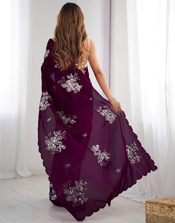 Women's Shimmer Chiffon Saree | Sequence Embroidery Saree With Unstitched Blouse Piece