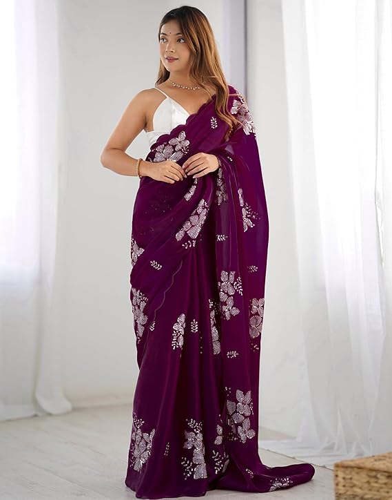 Women's Shimmer Chiffon Saree | Sequence Embroidery Saree With Unstitched Blouse Piece
