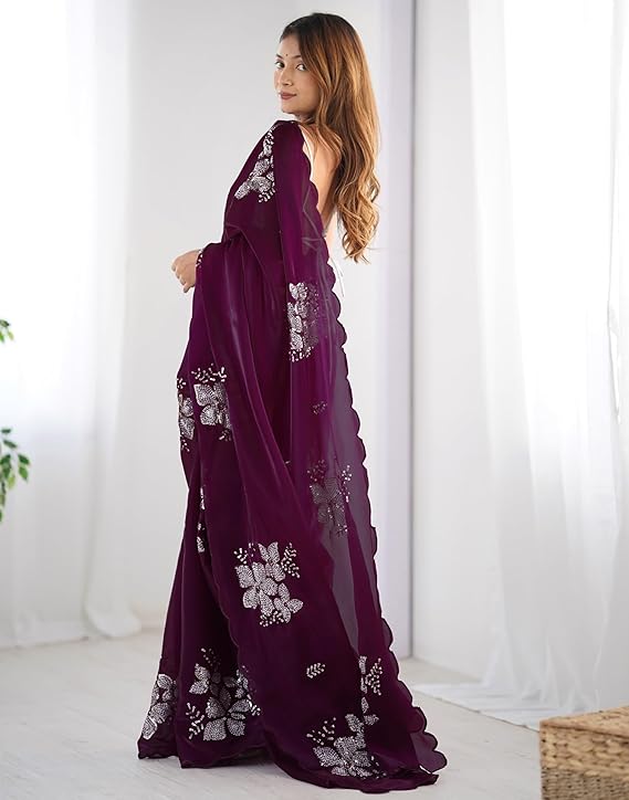 Women's Shimmer Chiffon Saree | Sequence Embroidery Saree With Unstitched Blouse Piece